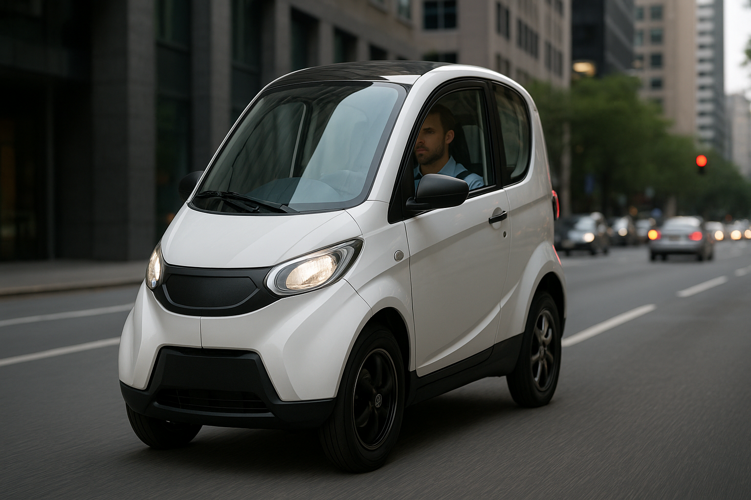 Fully enclosed electric three-wheeler in an urban setting